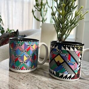Vintage Colorful Geometric Pattern Mugs - Set of 2